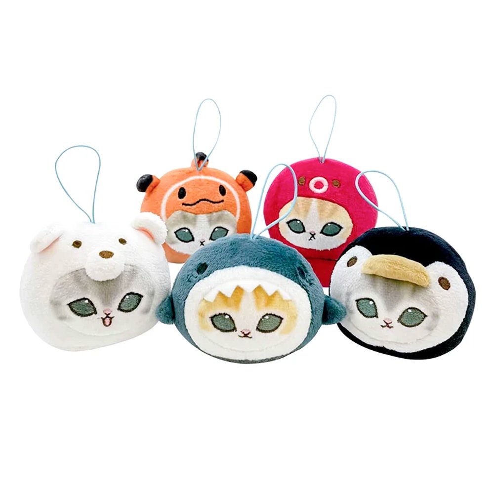 Five officially licensed Mofusand round plush cat keychains wearing sea creature costumes, including a red octopus, dark blue shark, black penguin, orange otter, and white polar bear. Each soft plush charm includes a gold ball chain at the top
