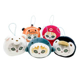 Five officially licensed Mofusand round plush cat keychains wearing sea creature costumes, including a red octopus, dark blue shark, black penguin, orange otter, and white polar bear. Each soft plush charm includes a gold ball chain at the top
