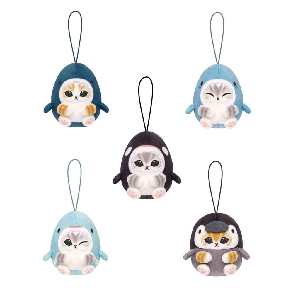 Five officially licensed Mofusand plush keychains featuring small cats wearing various marine animal costumes like blue sharks, a black orca, and a grey penguin. The cats are depicted with cute expressions, including one winking and one with its eyes closed in a happy smile.
