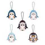 Five officially licensed Mofusand plush keychains featuring small cats wearing various marine animal costumes like blue sharks, a black orca, and a grey penguin. The cats are depicted with cute expressions, including one winking and one with its eyes closed in a happy smile.