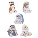 An officially licensed collection of five Mofusand aquatic animal figurines featuring kittens dressed in cute sea creature suits, including an otter, shark, whale shark, penguin, and squid
