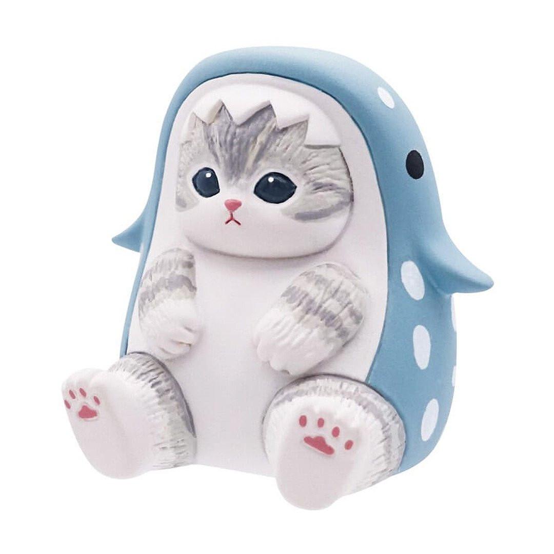 An officially licensed collection of five Mofusand aquatic animal figurines featuring kittens dressed in cute sea creature suits, including an otter, shark, whale shark, penguin, and squid