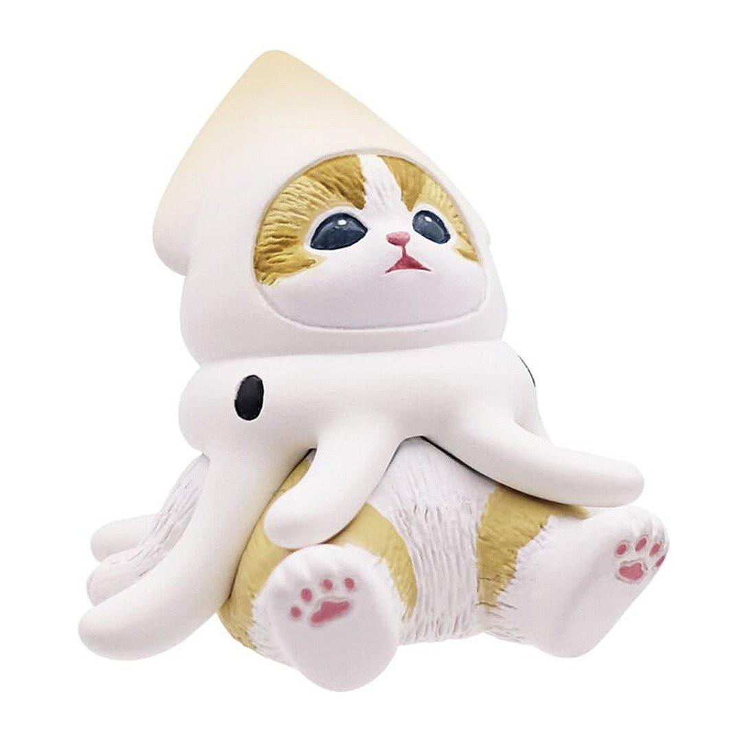 An officially licensed collection of five Mofusand aquatic animal figurines featuring kittens dressed in cute sea creature suits, including an otter, shark, whale shark, penguin, and squid