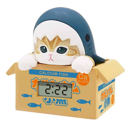 Official mofusand licensed digital clocks, a collectible blind box series of cute cat figures in Shark themed costumes, ideal for kawaii desk decor