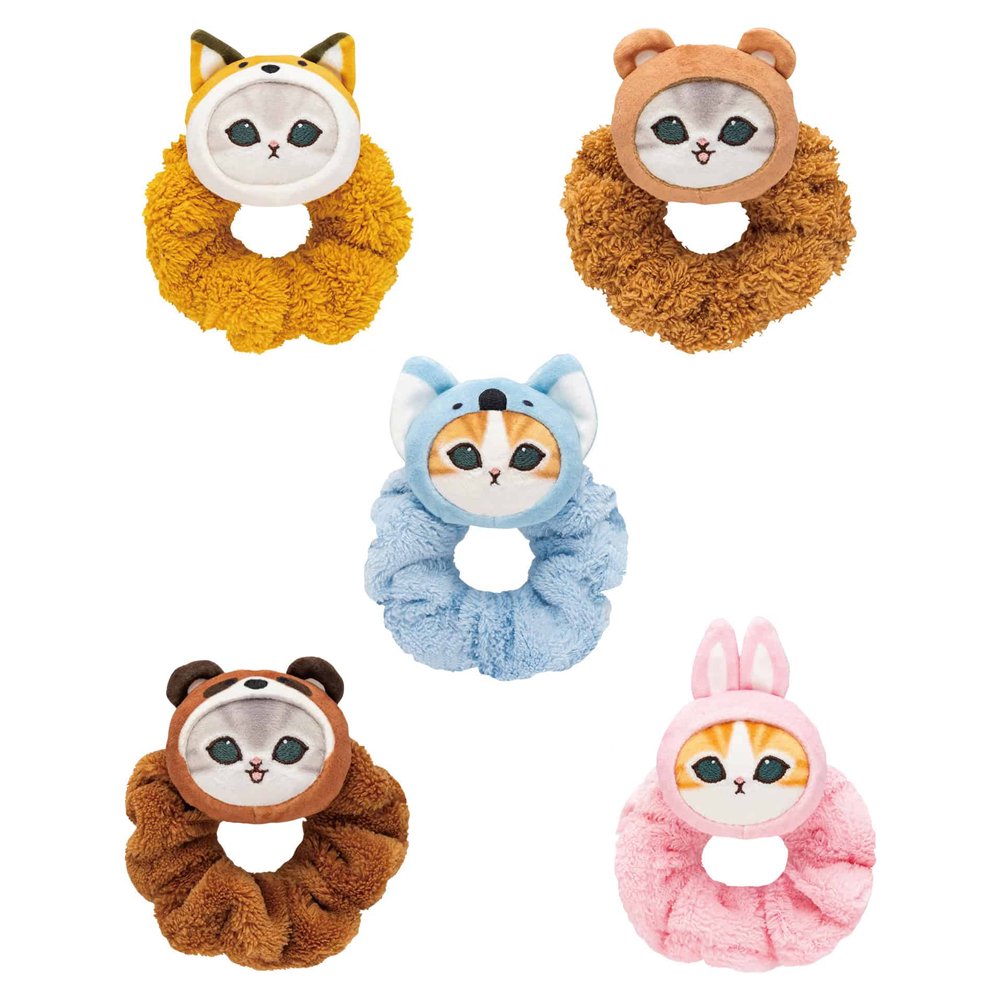 Officially licensed Mofusand plush scrunchies featuring cat heads wearing animal hoods with matching ruffled fabric rings