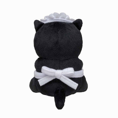 An adorable Mofusand black cat plush dressed in a white maid's headband and holding a large coffee cup with Japanese text that reads "Let's take a break."