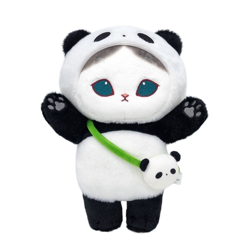 An officially licensed Mofusand plush of a white cat wearing a black and white panda costume with a matching panda-shaped crossbody bag