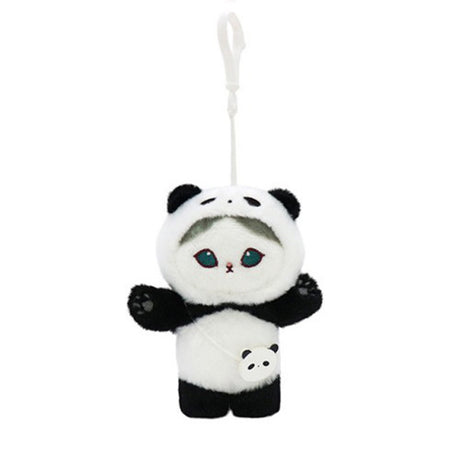 Officially licensed Mofusand plush keychain featuring a cute tabby cat wearing a fluffy panda hoodie and a small panda-shaped crossbody bag. Easy to attach to keys, totes, pants or backpacks with a clip-on chain.