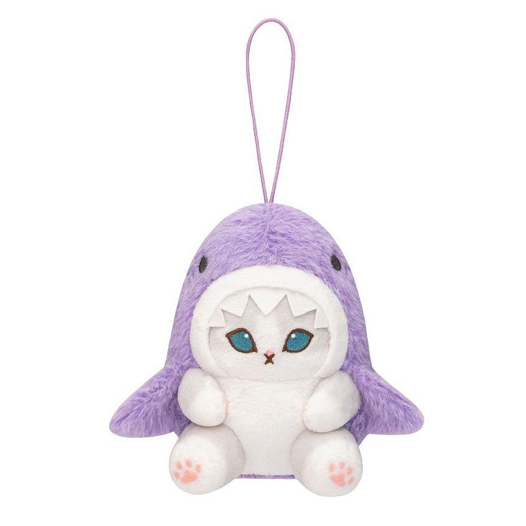 Officially Licensed Mofusand Pastel Shark Meow Plush Keychain! These authentic cats in pastel purple hoodies feature stunning blue eyes, and pink paw pads. Perfect for ornament , displaying, bag charm or gifting to Mofusand fans of all ages.