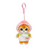 Officially licensed mofusand plush keychain featuring an orange tabby cat wearing a pink peach hood and a small peach-shaped bag.