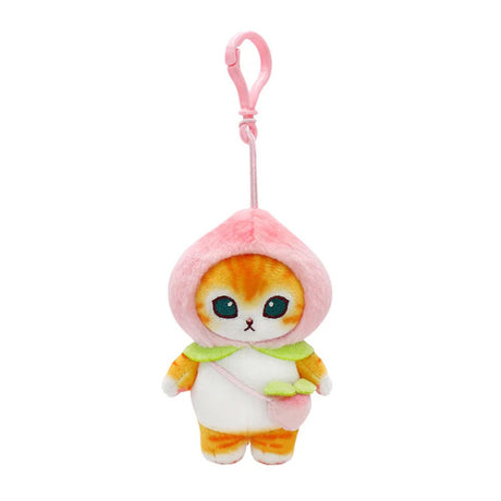 Officially licensed mofusand plush keychain featuring an orange tabby cat wearing a pink peach hood and a small peach-shaped bag.