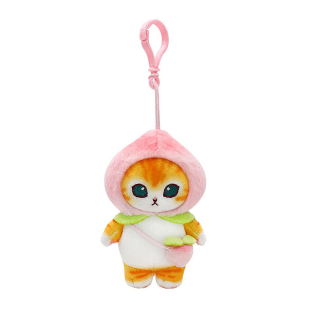 Officially licensed mofusand plush keychain featuring an orange tabby cat wearing a pink peach hood and a small peach-shaped bag.