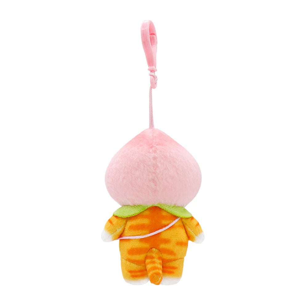 Officially licensed mofusand plush keychain featuring an orange tabby cat wearing a pink peach hood and a small peach-shaped bag.