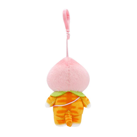 Officially licensed mofusand plush keychain featuring an orange tabby cat wearing a pink peach hood and a small peach-shaped bag.