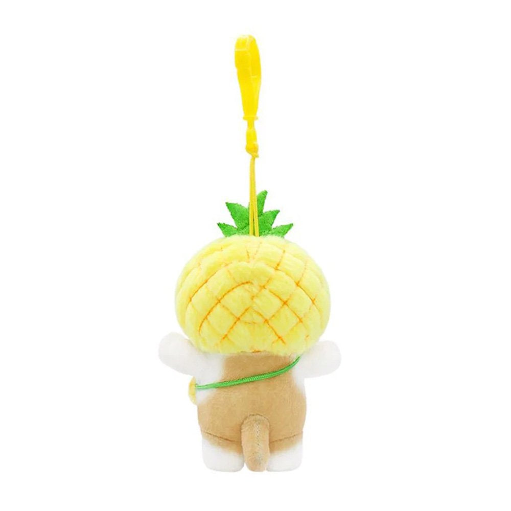 Officially licensed mofusand plush keychain featuring a yellow tabby cat wearing a pineapple hood and a pineapple bag.