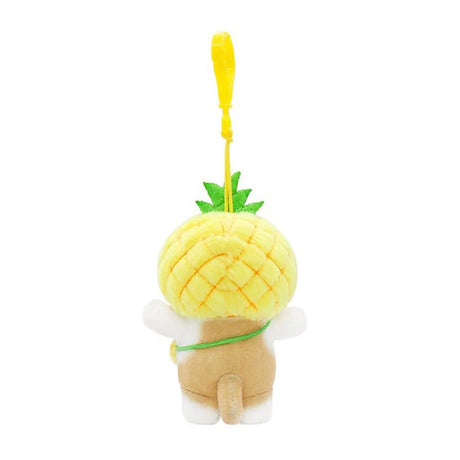 Officially licensed mofusand plush keychain featuring a yellow tabby cat wearing a pineapple hood and a pineapple bag.
