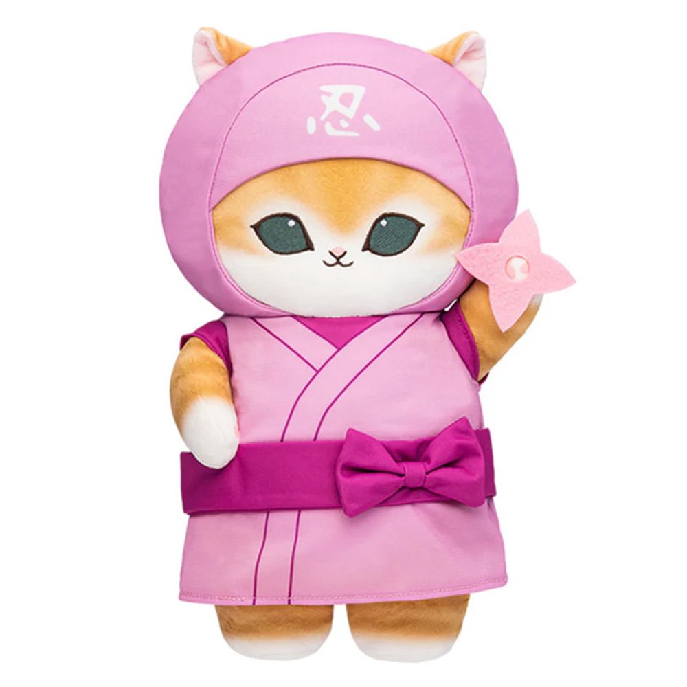 Officially licensed large ginger cat plush in a pink ninja gi and hood, holding a pink plush shuriken star