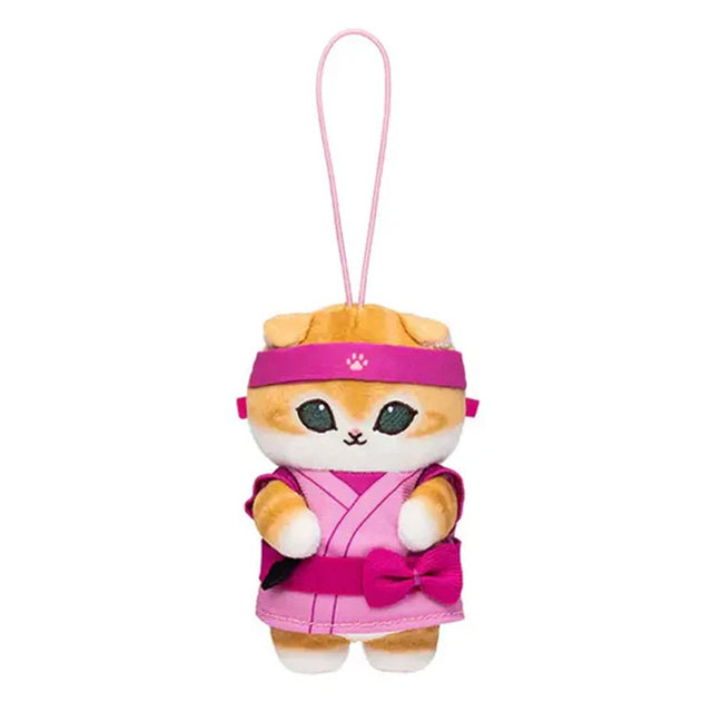 An officially licensed Mofusand Ninja Plush Keychain featuring a white/yellow cat in a pink ninja outfit and headband with a paw print logo