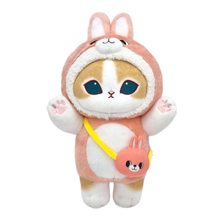 An officially licensed Mofusand plush toy of a brown cat wearing a pink rabbit costume and a small pink bunny messenger bag