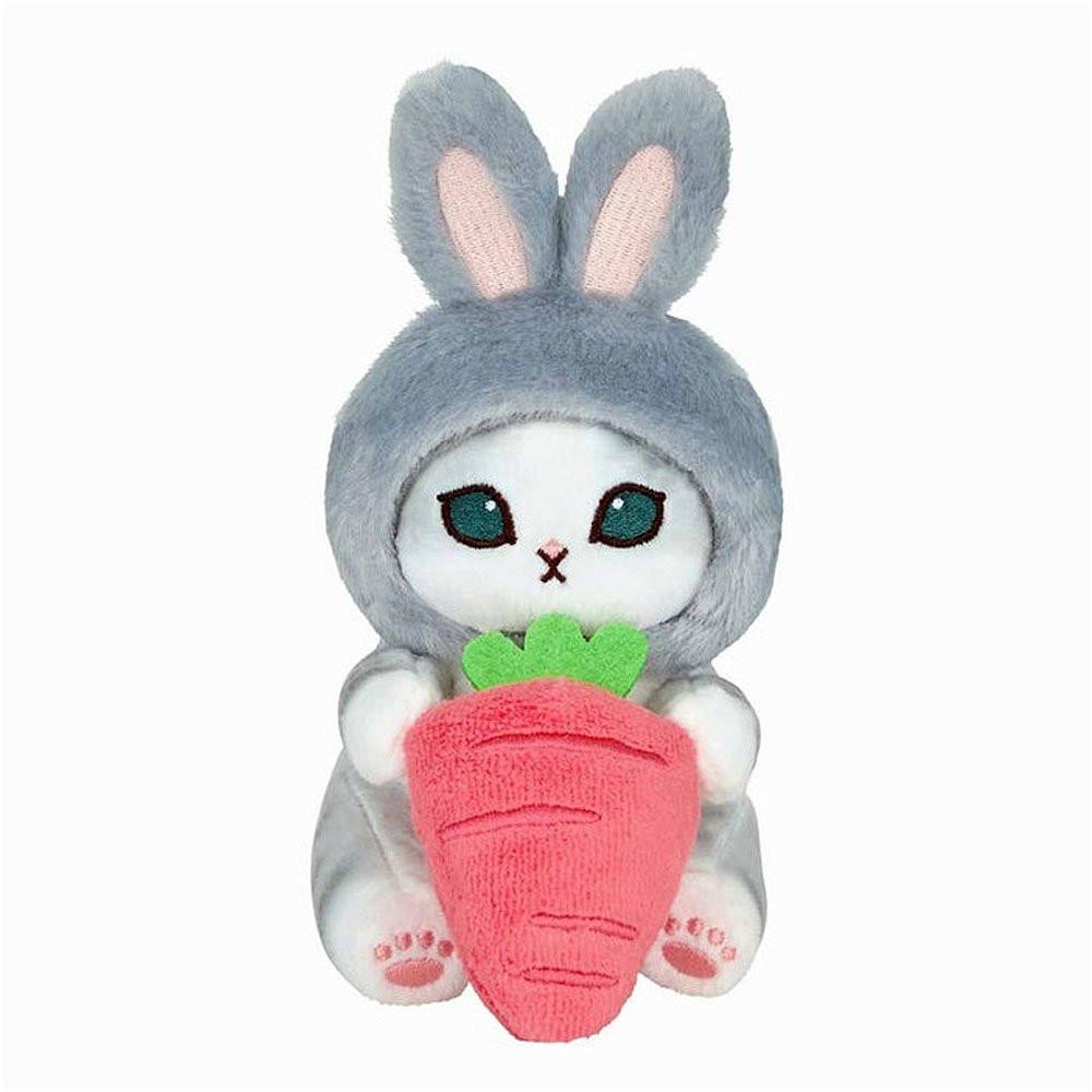 Officially licensed Mofusand cat in a bunny rabbit costume holding a carrot plush