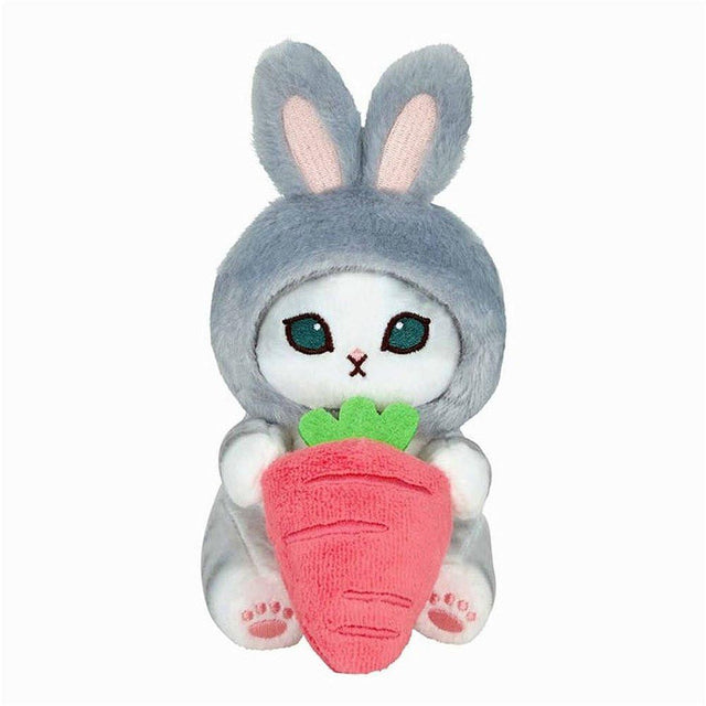 Officially licensed Mofusand cat in a bunny rabbit costume holding a carrot plush
