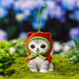 An officially licensed Mofusand plush mascot keychain featuring a small grey cat wearing a red frog-themed hood with a red bow