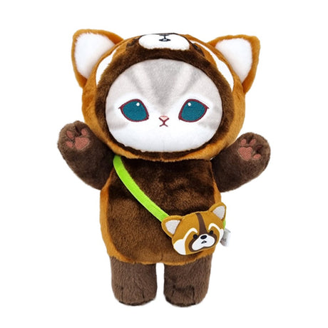 An officially licensed Mofusand plush toy of a grey tabby cat wearing a red panda costume and a tiny matching messenger bag