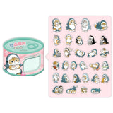 An officially licensed Mofusand sticker set packaged in a pink and teal tin designed to look like a cat food can. A clear window on the front reveals several die-cut stickers of cats in shark costumes, with "30 pieces" and "Fresh Cuteness 100%" printed on the label.