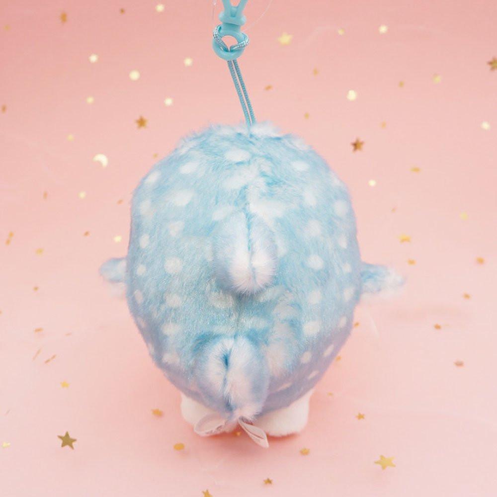 An officially licensed Mofusand shark cat plush keychain featuring a fluffy blue tabby kitten wearing a blue shark onesie with embroidered details