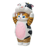 A set of six mofusand collectible cat figurines featuring kittens dressed in adorable animal suits including a panda, cow, tiger, rabbit, bear, and dog.