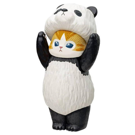 A set of six mofusand collectible cat figurines featuring kittens dressed in adorable animal suits including a panda, cow, tiger, rabbit, bear, and dog.