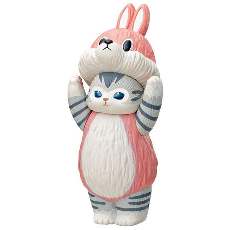 A set of six mofusand collectible cat figurines featuring kittens dressed in adorable animal suits including a panda, cow, tiger, rabbit, bear, and dog.
