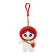 Officially licensed mofusand plush keychain featuring a white cat wearing a red strawberry hood and a tiny strawberry crossbody bag.