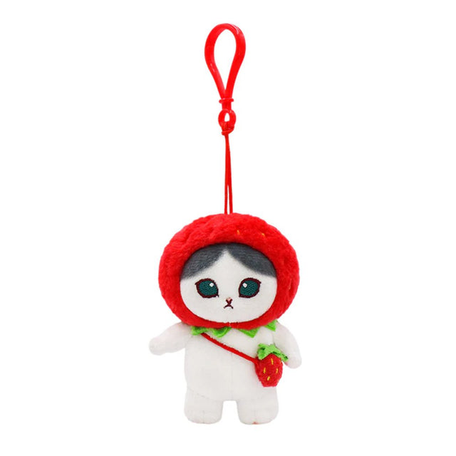Officially licensed mofusand plush keychain featuring a white cat wearing a red strawberry hood and a tiny strawberry crossbody bag.
