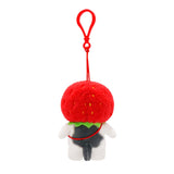 Officially licensed mofusand plush keychain featuring a white cat wearing a red strawberry hood and a tiny strawberry crossbody bag.