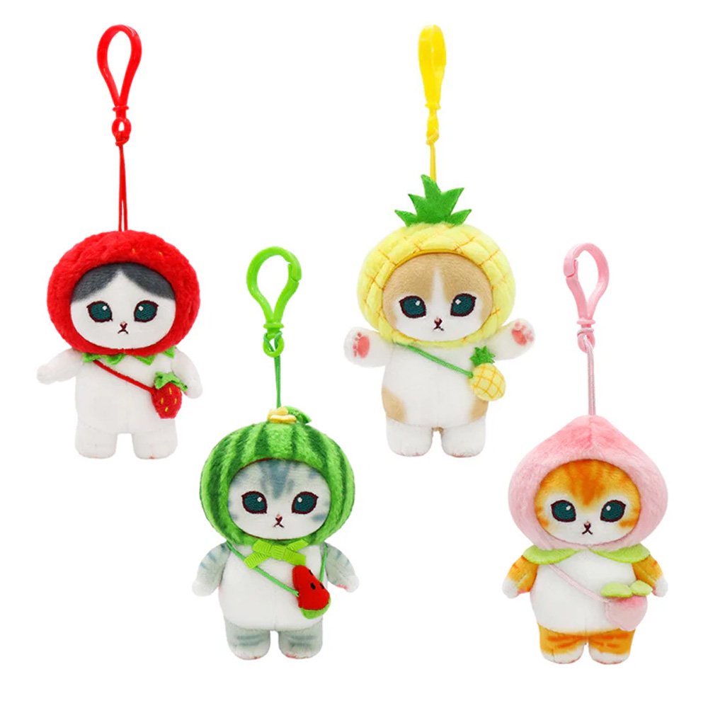 Four officially licensed Mofusand plush cat keychains wearing fruit-themed hoods: red strawberry hood, watermelon hood, pineapple hood, and pink peach hood. Each cat has a matching fruit-shaped crossbody bag and a colored plastic clip.