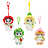 Four officially licensed Mofusand plush cat keychains wearing fruit-themed hoods: red strawberry hood, watermelon hood, pineapple hood, and pink peach hood. Each cat has a matching fruit-shaped crossbody bag and a colored plastic clip.