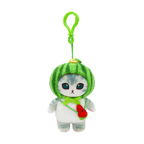 Officially licensed mofusand plush keychain featuring a grey tabby cat wearing a green striped watermelon hood and a watermelon slice bag.