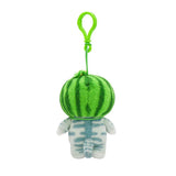 Officially licensed mofusand plush keychain featuring a grey tabby cat wearing a green striped watermelon hood and a watermelon slice bag.