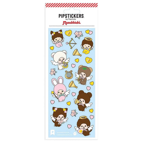 A vertical sheet of officially licensed Monchhichi stickers by Pipsticks on a light blue background, featuring various winged Monchhichi characters, golden hearts, harps, and floral accents
