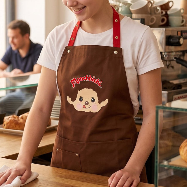 An officially licensed brown Monchhichi apron with red adjustable snap-button neck straps and front utility pockets