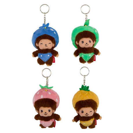 A group of four officially licensed Monchhichi plush keychains dressed in colorful fruit costumes—pink strawberry, yellow lemon, green lime, and blue berry. Each small plush features a metal keychain ring attached to its head.