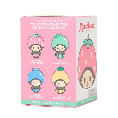 A group of four officially licensed Monchhichi plush keychains dressed in colorful fruit costumes—pink strawberry, yellow lemon, green lime, and blue berry. Each small plush features a metal keychain ring attached to its head.