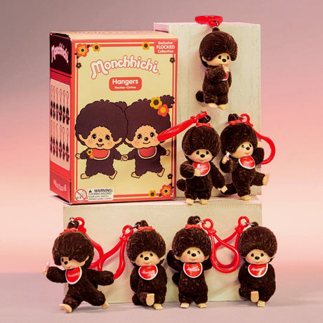 An exclusive set of officially licensed Sekiguchi's Monchhichi flocked character backpack hanger keychains in the blind boxes.
