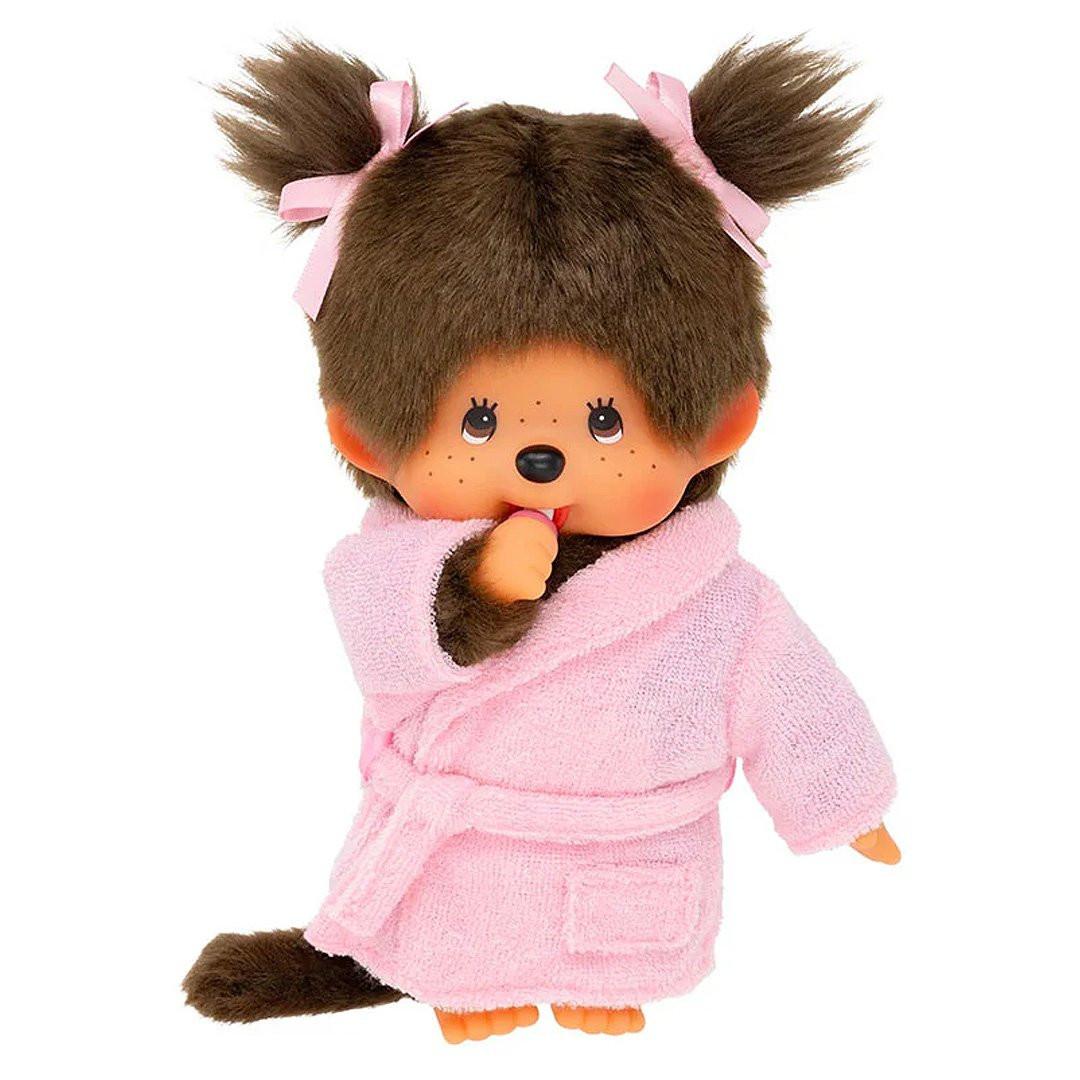 Monchhichi girl is wearing a pink bathrobe and pacifier -sucking pose. Ideal for Christmas gifts.