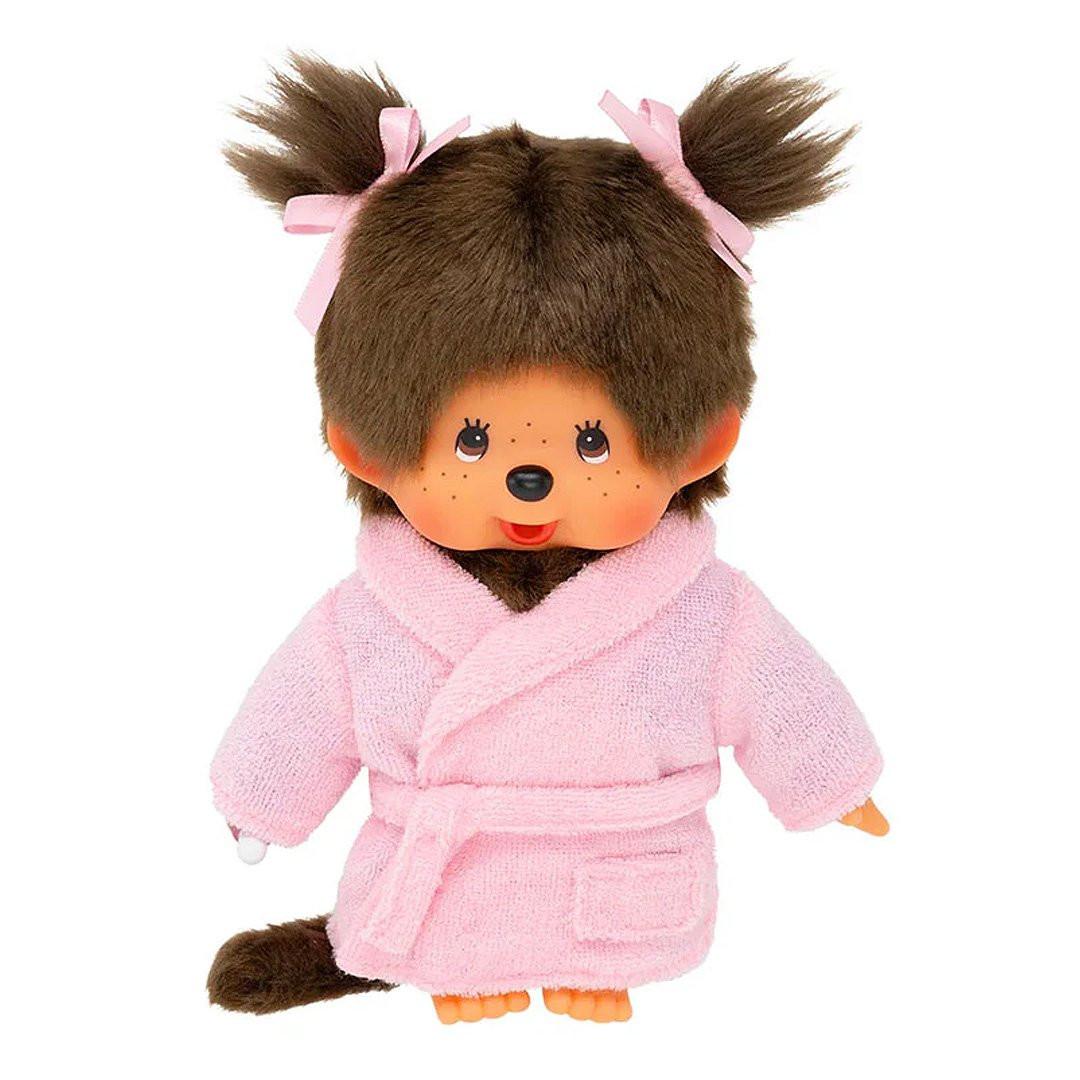 Official Licensed Monchhichi: Pink bathrobe doll with twin ponytails and signature tail, guaranteeing authentic collection quality.
