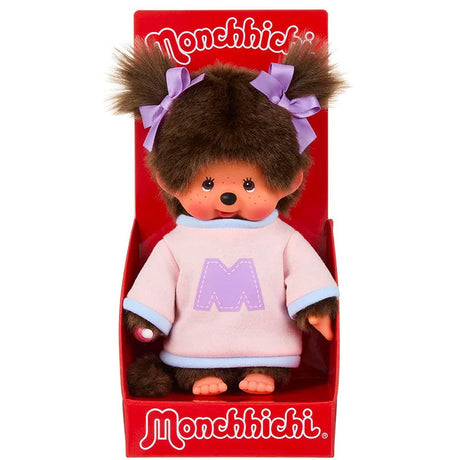 Official Licensed, Monchhichi is wearing two-tone sweater in pink and blue, complete with a bold purple “M” on the front and matching purple ribbon bows in her pigtails. perfect for decorating or gift