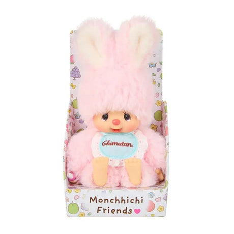 An officially licensed Chimutan bunny plush with fluffy pink fur and long ears, sitting inside a "Monchhichi Friends" decorative box. The plush is wearing a light blue bib with its name printed in red script.