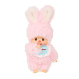 An officially licensed Chimutan bunny plush with fluffy pink fur and long ears. The plush is wearing a light blue bib with its name printed in red script.
