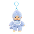 Officially licensed Monchhichi plush keychain doll featuring soft pastel blue fur and a matching light blue plastic clip attached to its head. The doll has a freckled vinyl face and wears a shiny blue satin bib with a white lace border reading "Monchhichi".
